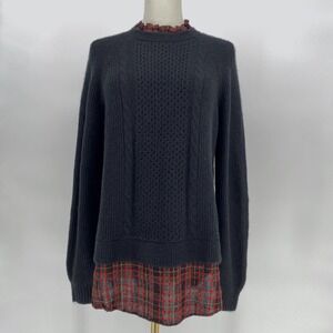 LOFT Black Cable Knit Plaid Ruffle Neck Lagenlook Sweater Dark Academia Size S